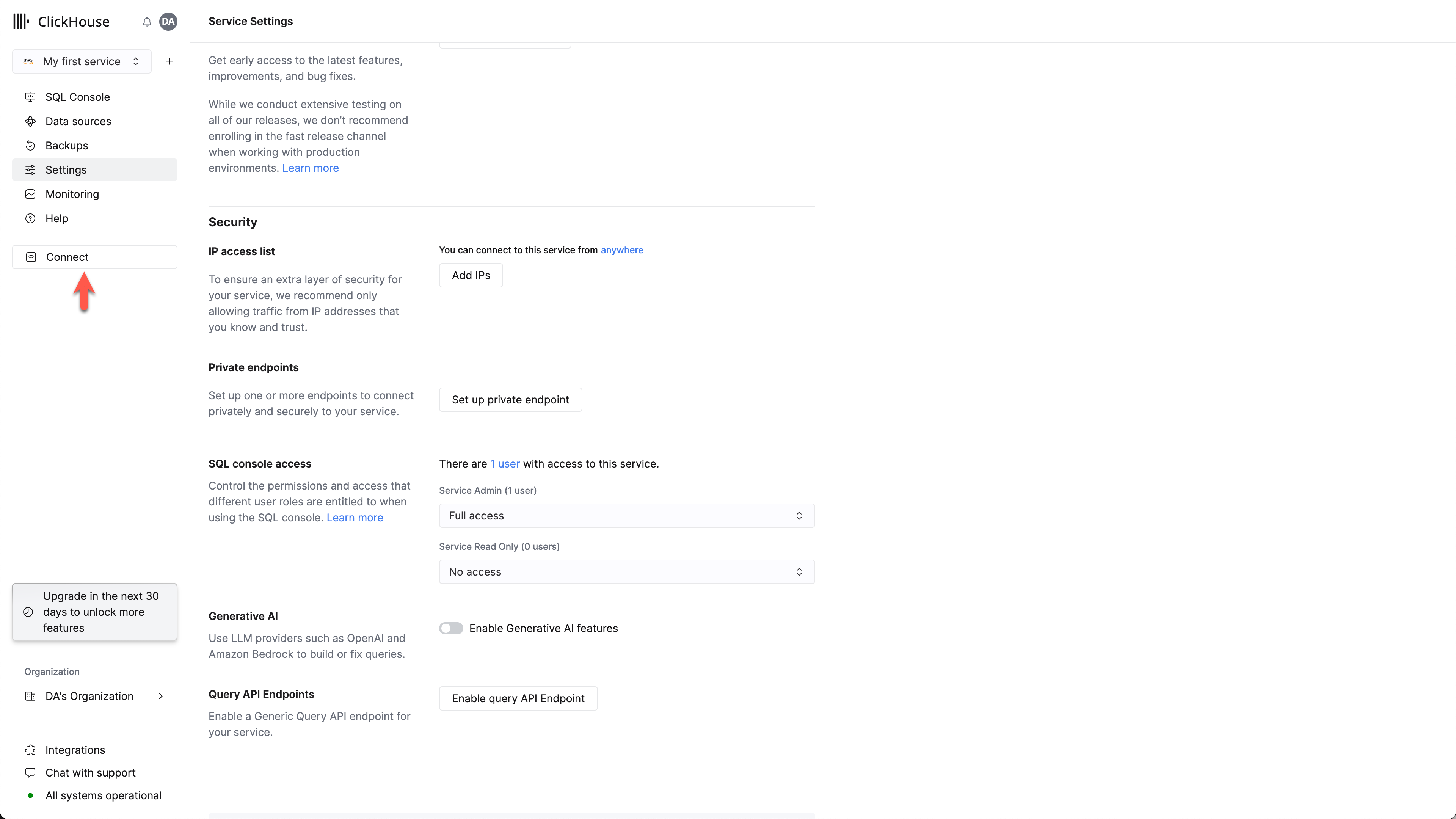 Connect 옵션이 강조 표시된 ClickHouse Cloud 서비스 연결 화면