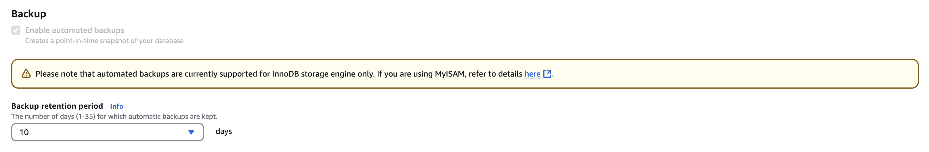 RDS에서 자동 백업을 활성화하는 화면