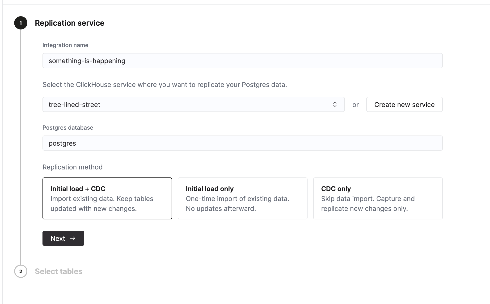 통합 이름, 대상 서비스 및 복제 방법 옵션�을 보여주는 복제 서비스 구성 화면