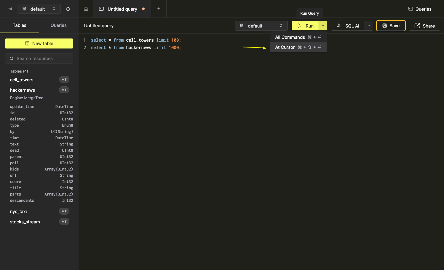커서 위치에서 실행