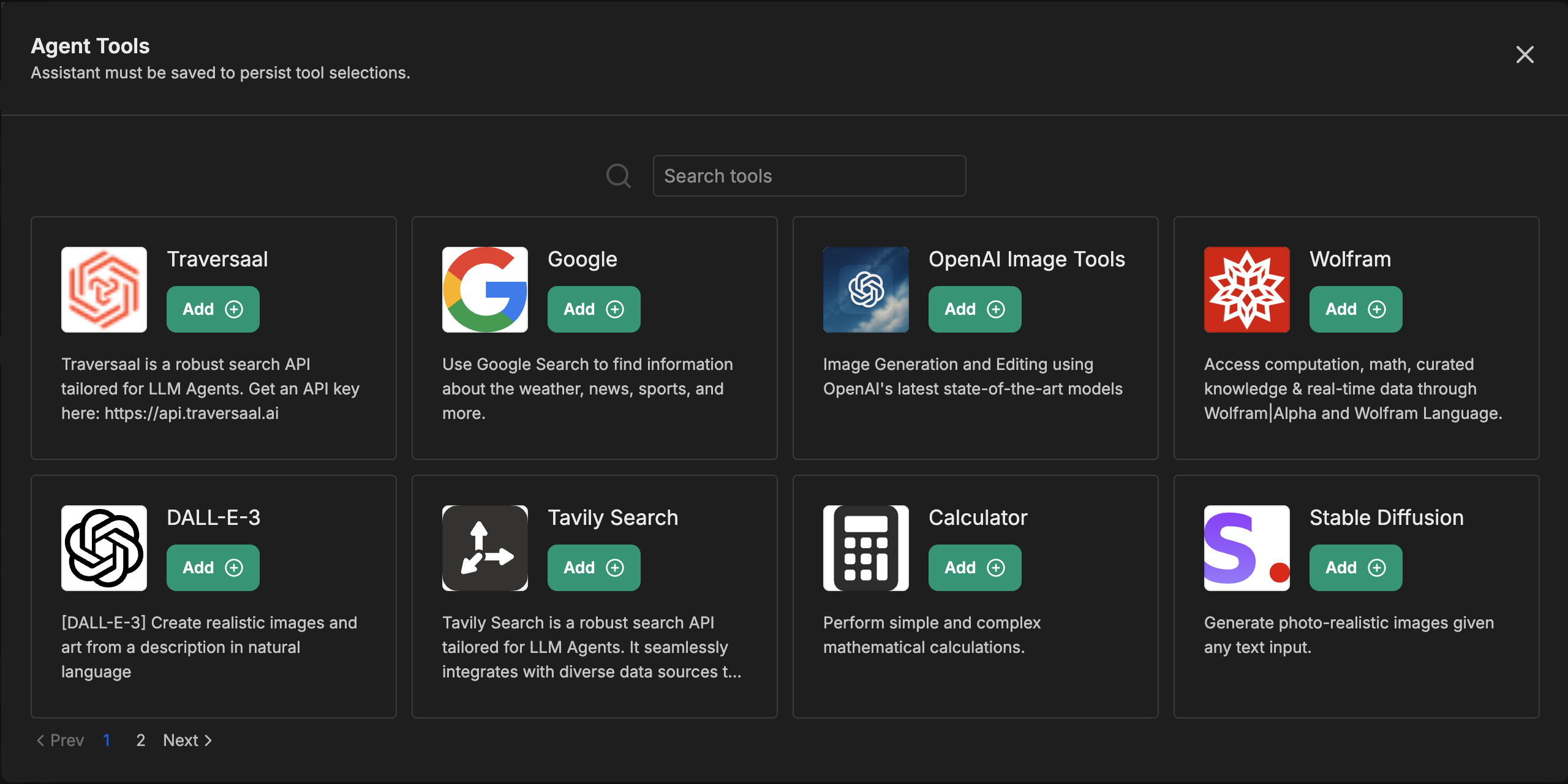 OpenAI Image Tools, DALL-E-3, Stable Diffusion을 포함한 이미지 모델 통합과 기타 서드파티 도구를 보여주는 Agent Tools 모달
