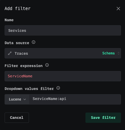 Диалоговое окно Add filter с полями Name, Data source и Filter expression