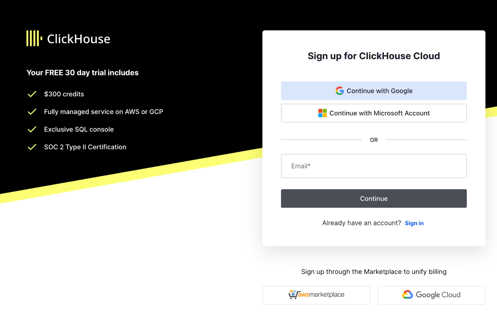 Страница регистрации ClickHouse Cloud