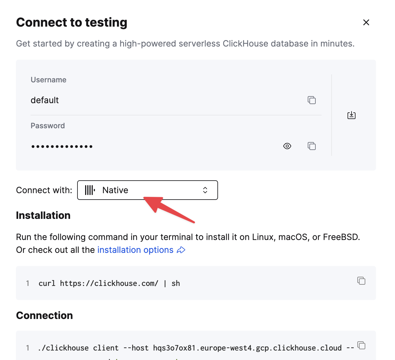 Детали подключения ClickHouse Cloud Native TCP