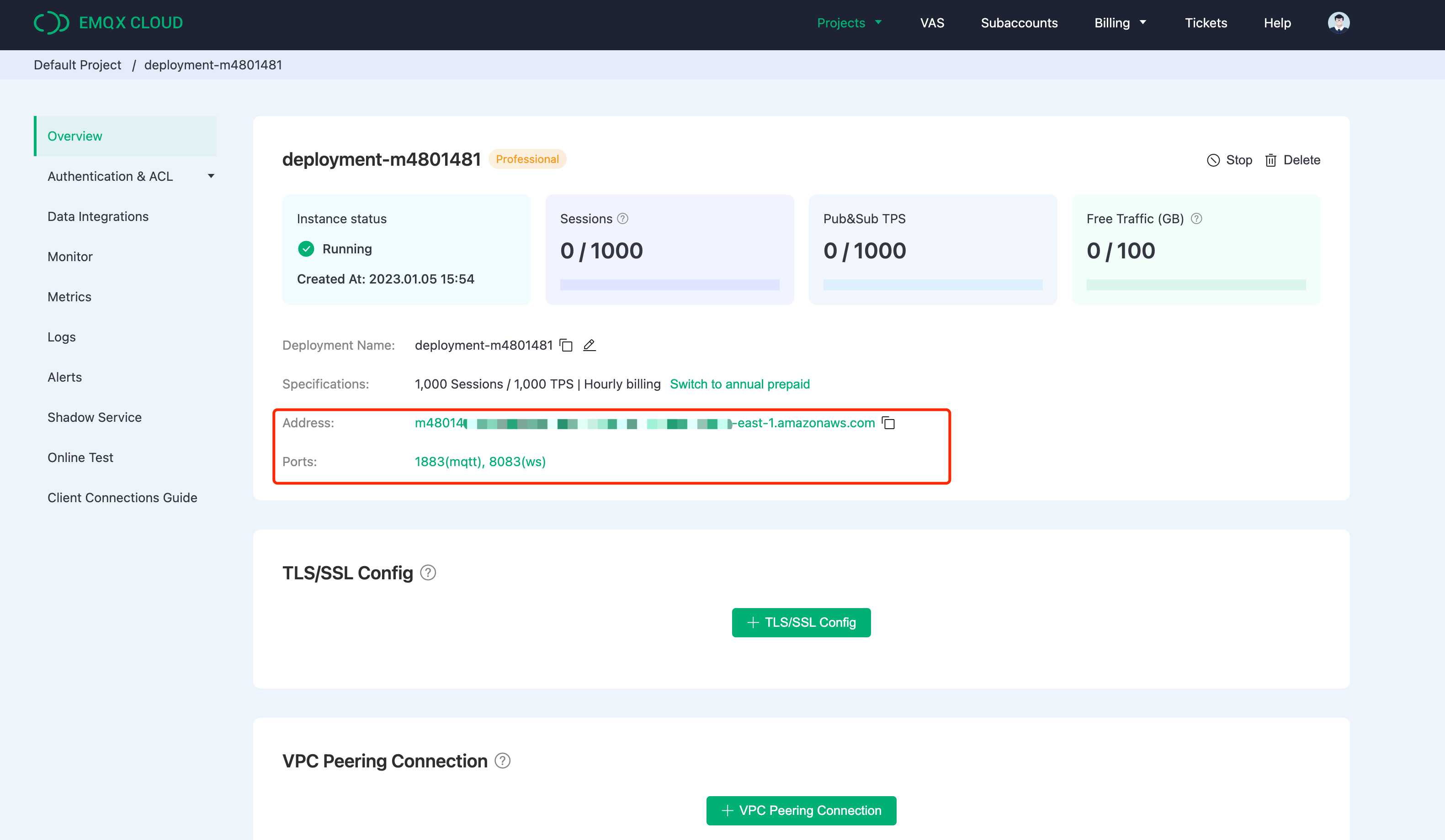 Обзорная панель EMQX Cloud