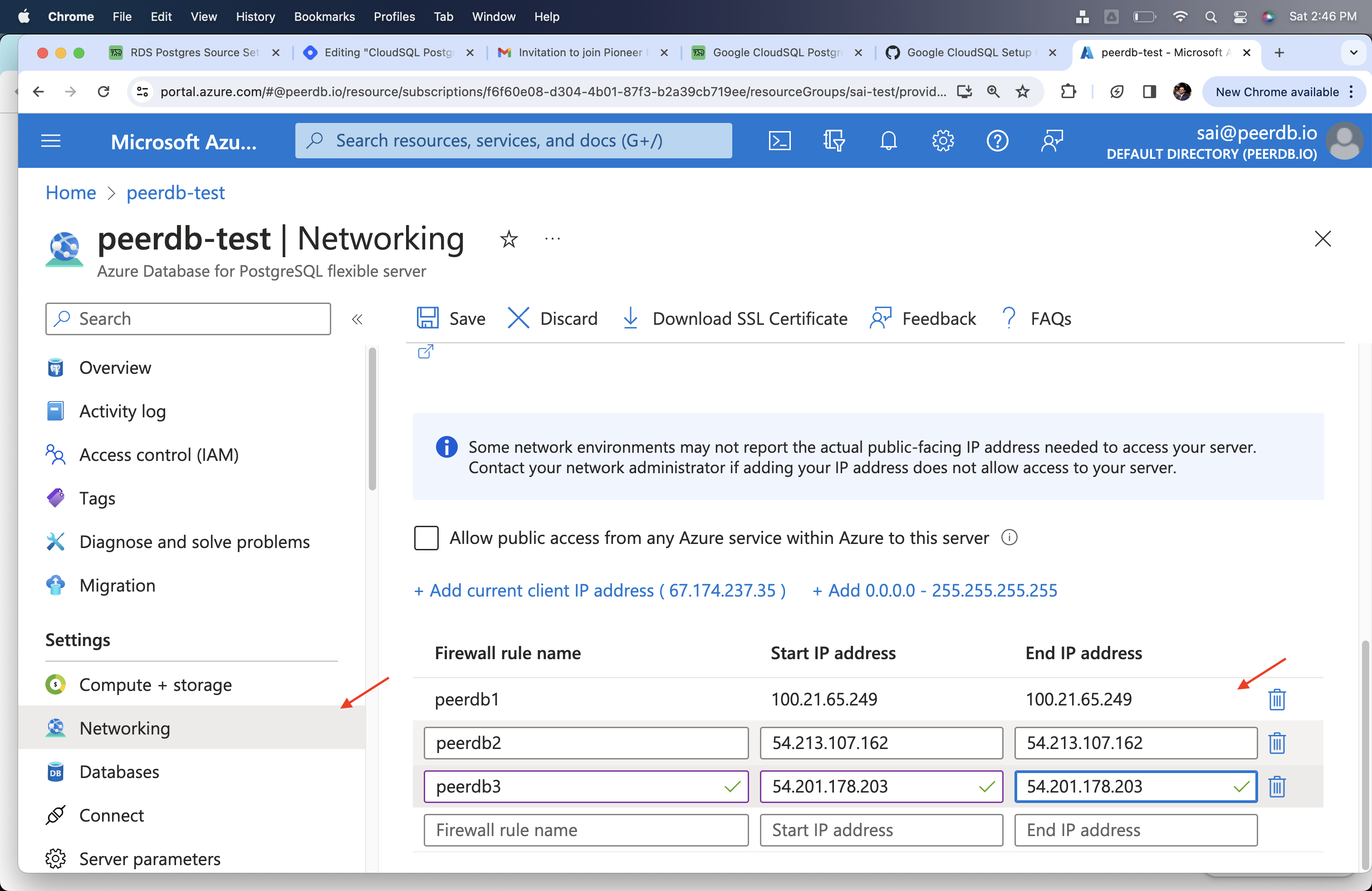 Добавить IP-адреса ClickPipes в брандмауэр в Azure Flexible Server для Postgres