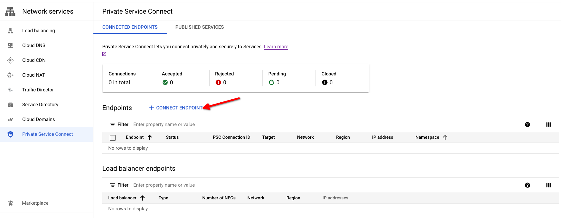 Открыть Private Service Connect в консоли Google Cloud