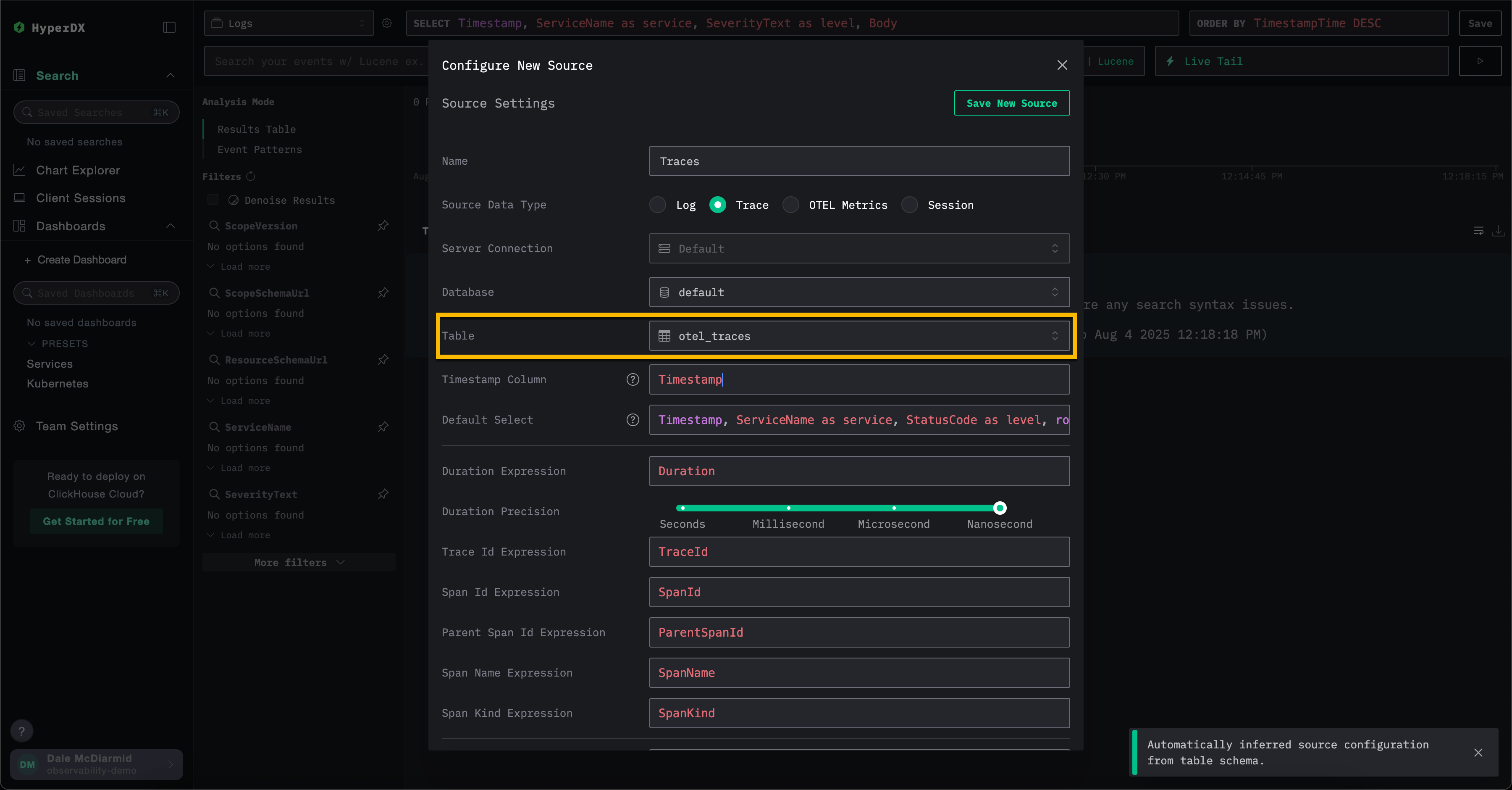 HyperDX create trace source