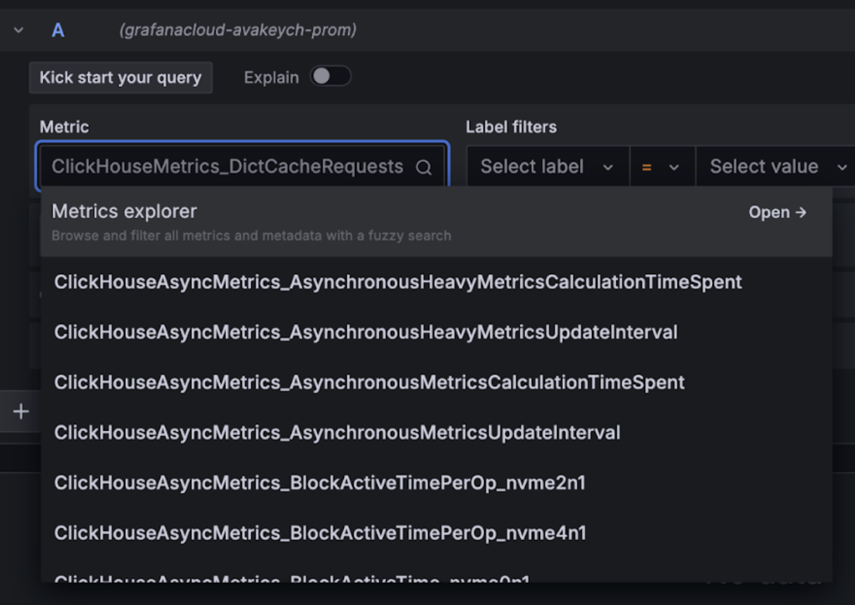 Выпадающее меню для исследователя метрик Grafana