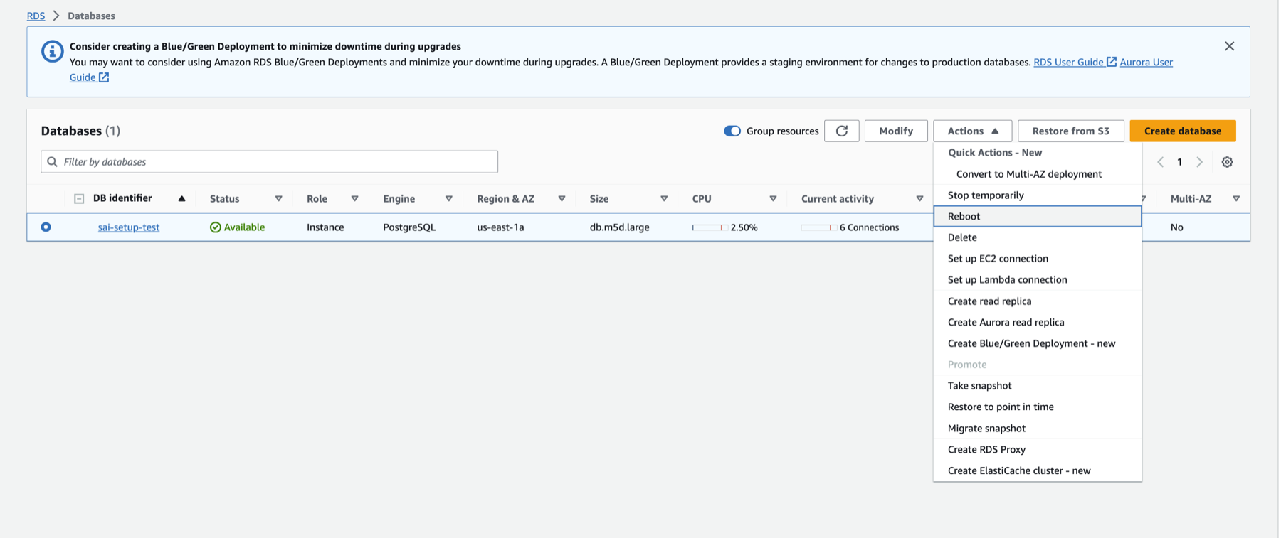 Перезагрузить RDS Postgres