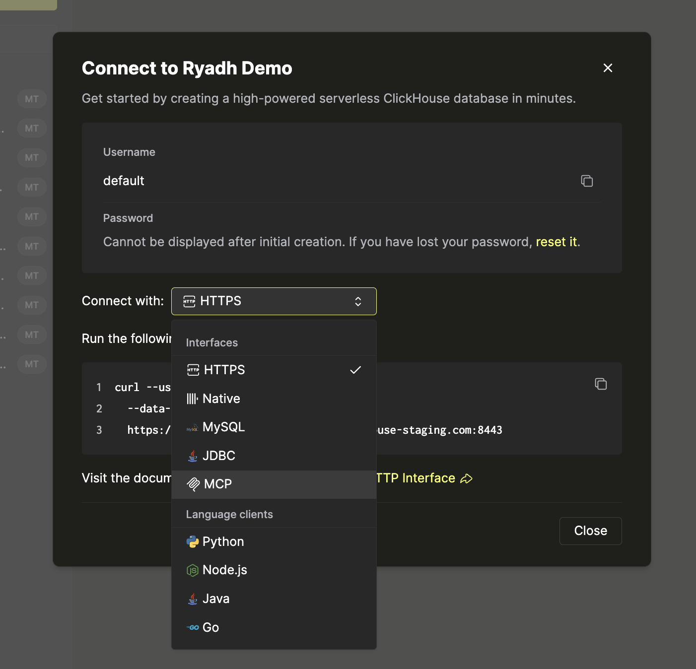 Select MCP in the Connect Modal
