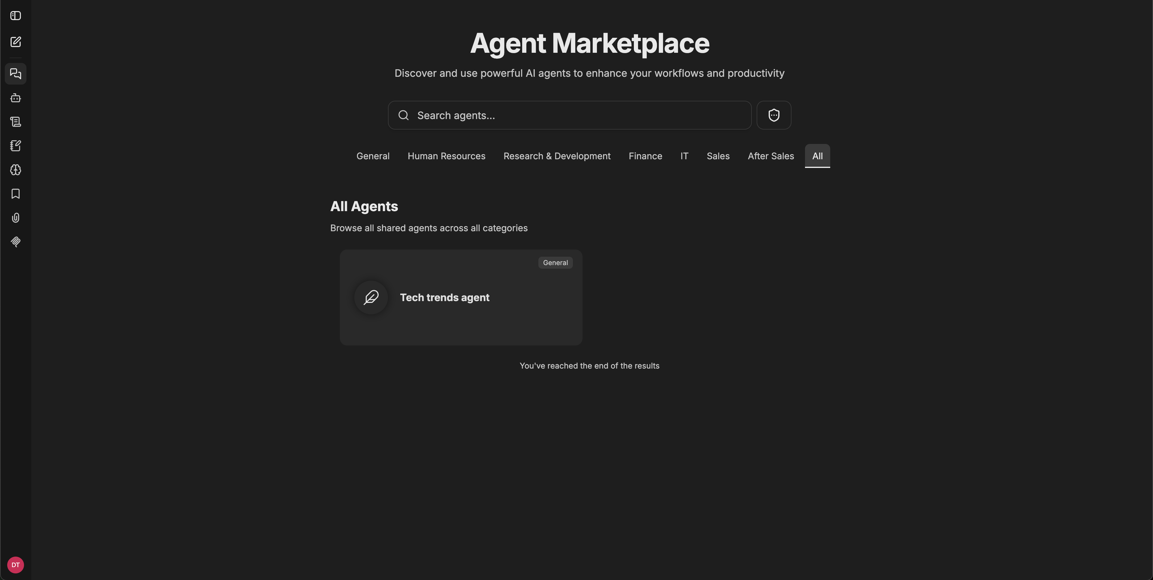 agent市场视图，显示标题、搜索栏、类别标签页（常规、人力资源、研发、财务、IT、销售、售后、全部），以及一个可见的agent卡片