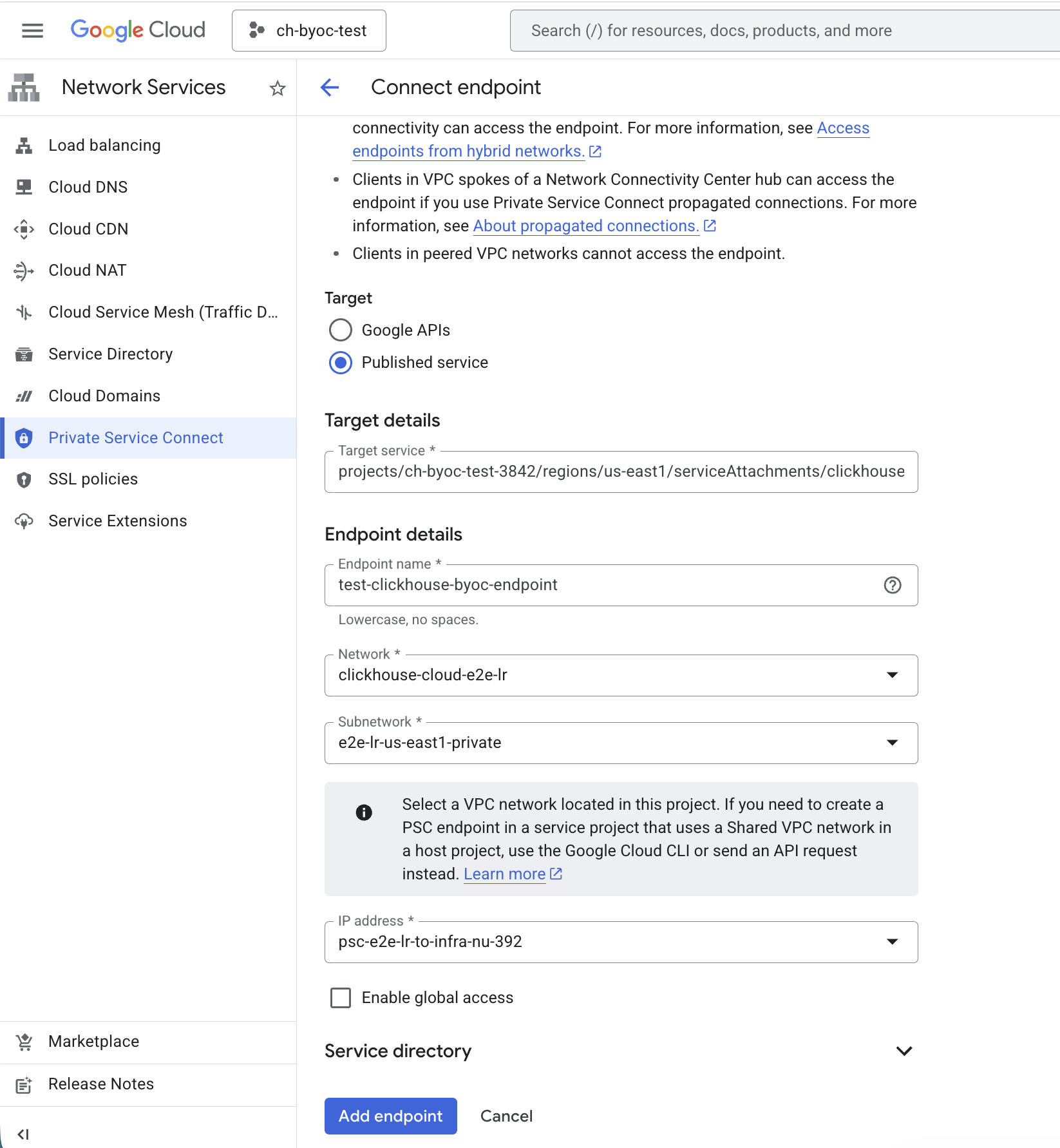 BYOC PSC 端点创建