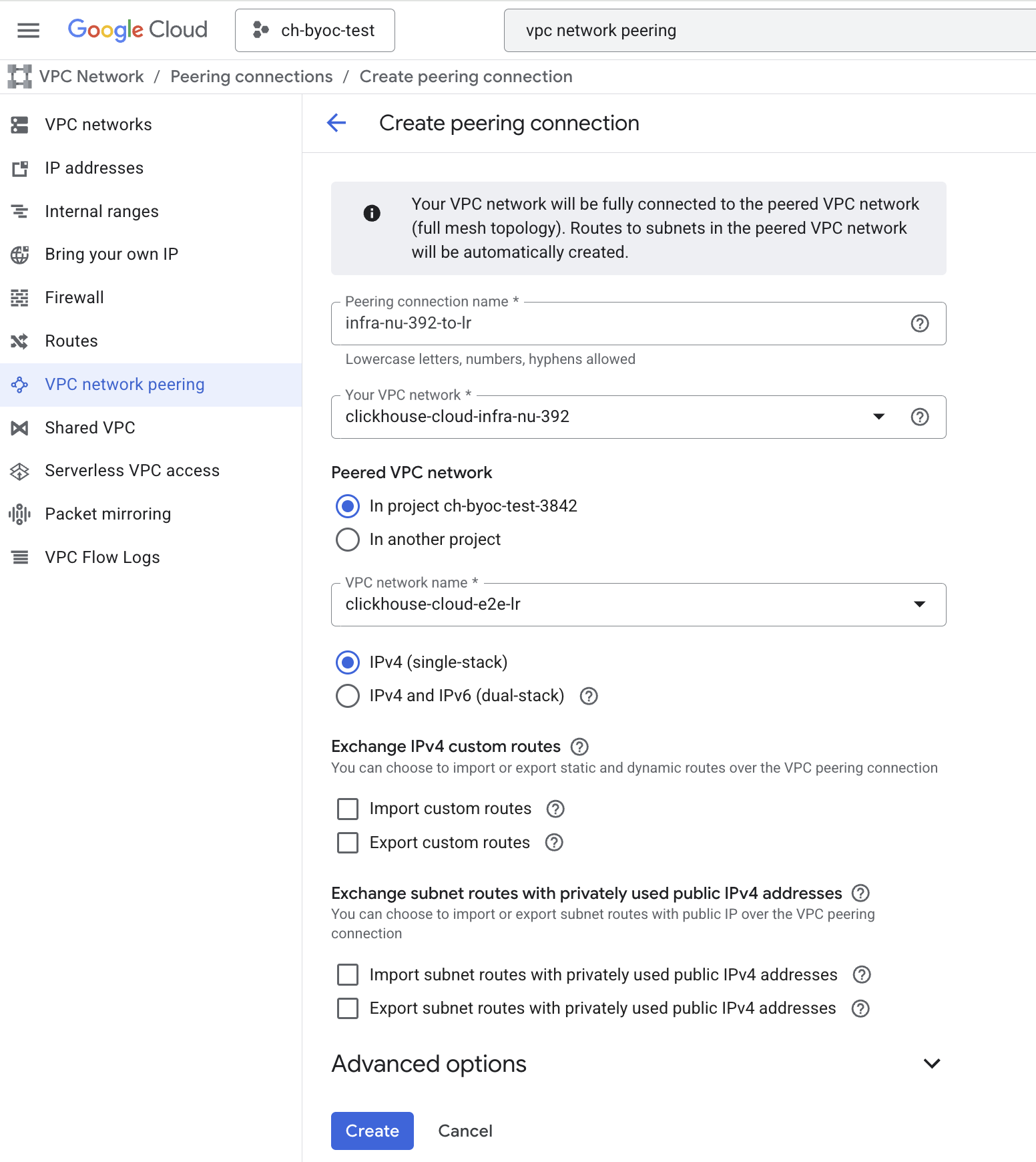 BYOC 创建对等连接