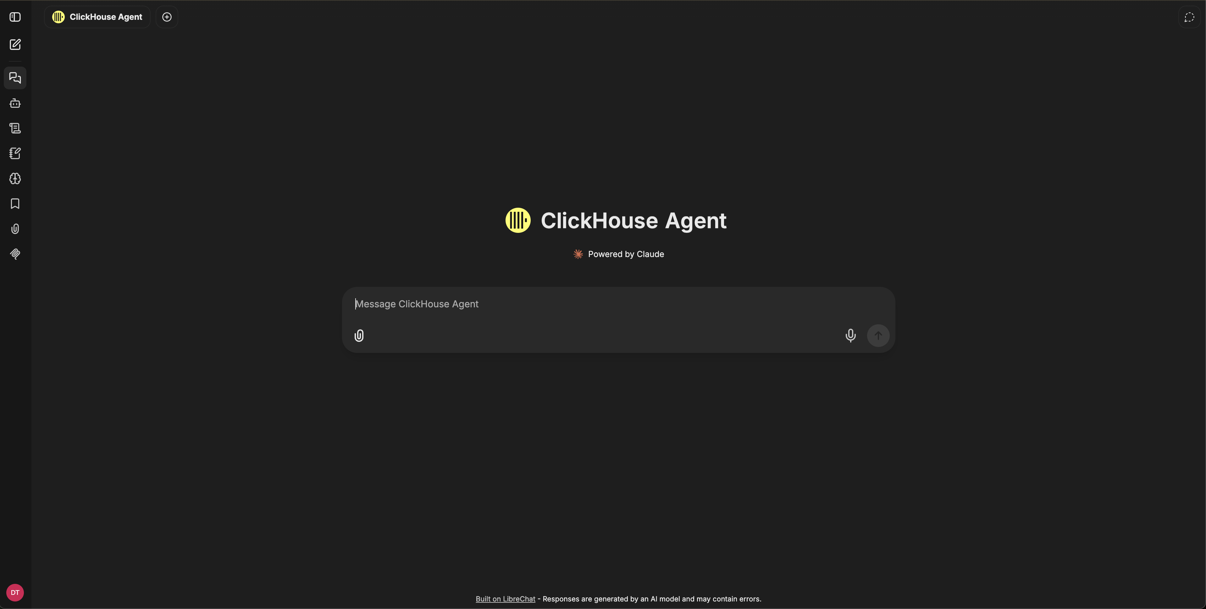 ClickHouse Agent 聊天界面，显示左侧导航、Agent 标识标题栏和消息输入框