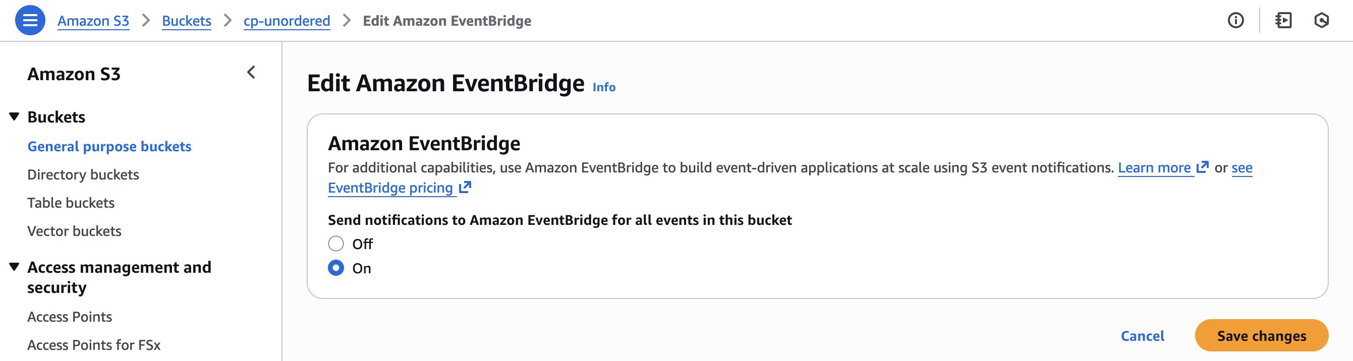 在 S3 存储桶属性中启用 Amazon EventBridge 通知