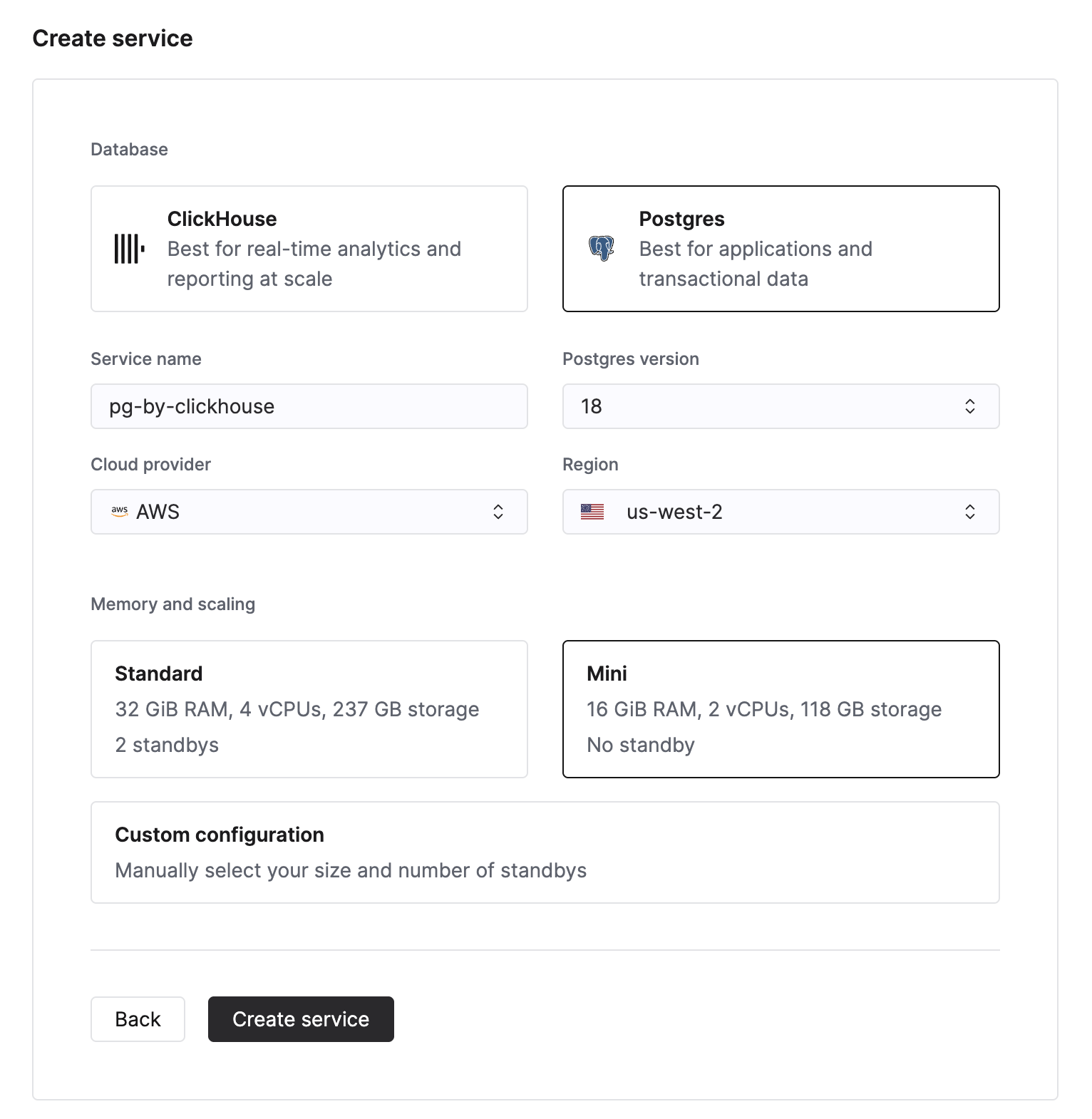 创建 ClickHouse Managed Postgres 实例