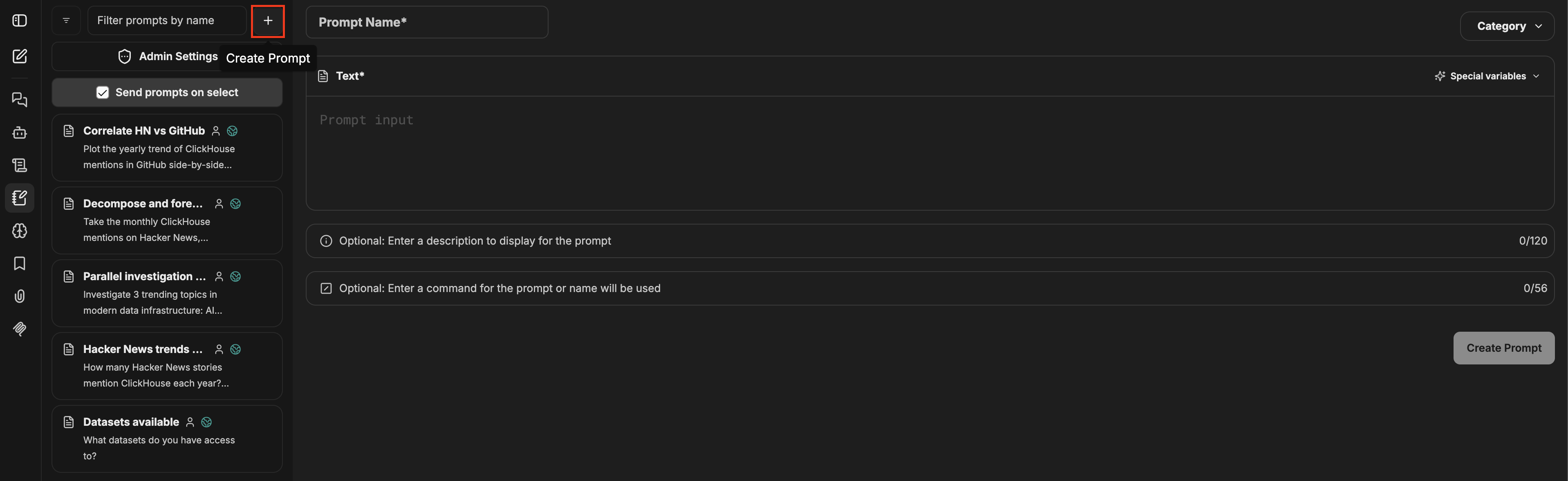 提示词 面板，左侧的 + 按钮已高亮，右侧打开了 Create Prompt 表单，其中显示了 Prompt Name、Text、Category、Special variables、Description 和 Command 字段，以及一个 Create Prompt 按钮