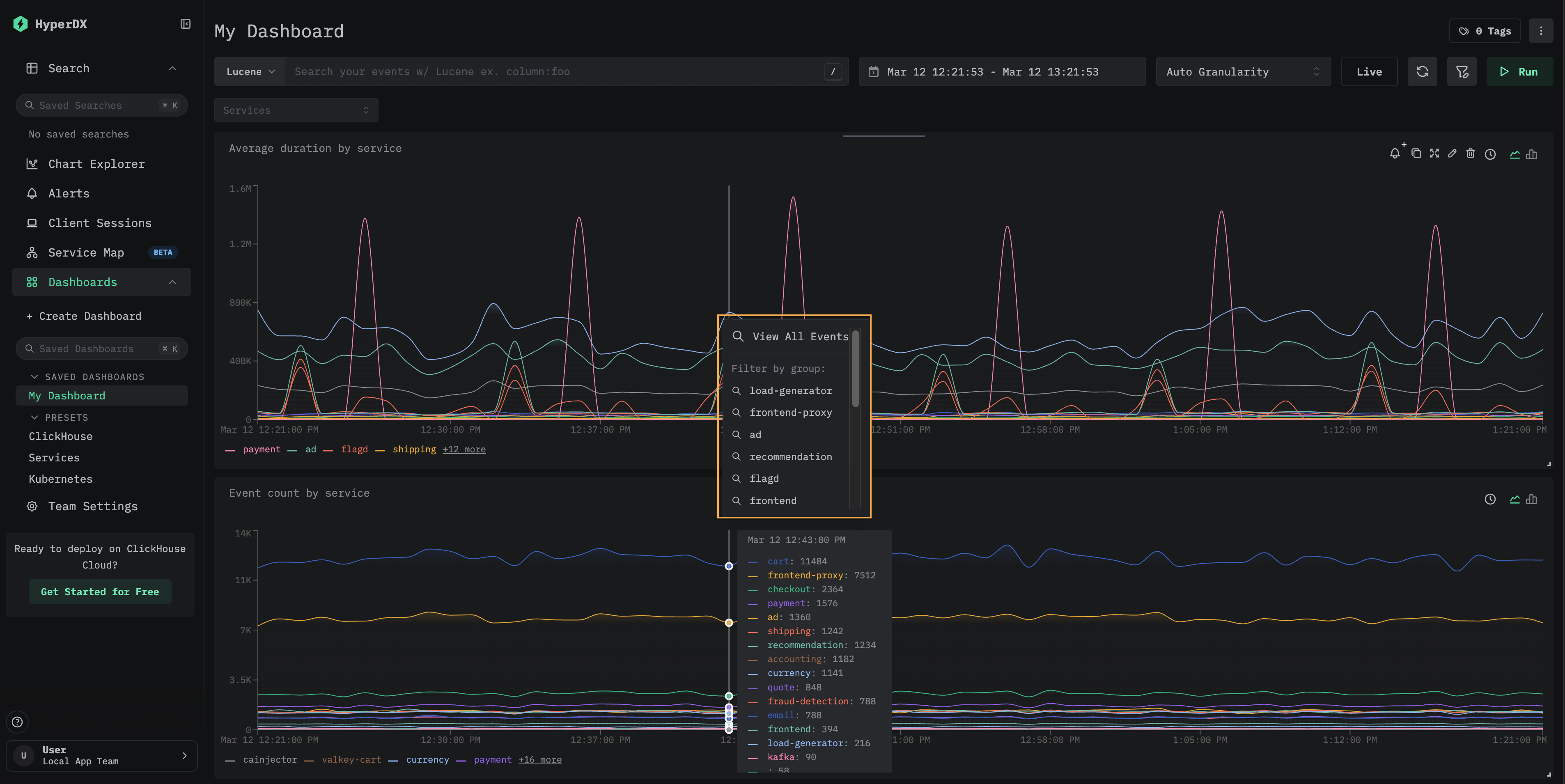 显示“查看所有事件”和“按�组筛选”选项的下钻上下文菜单