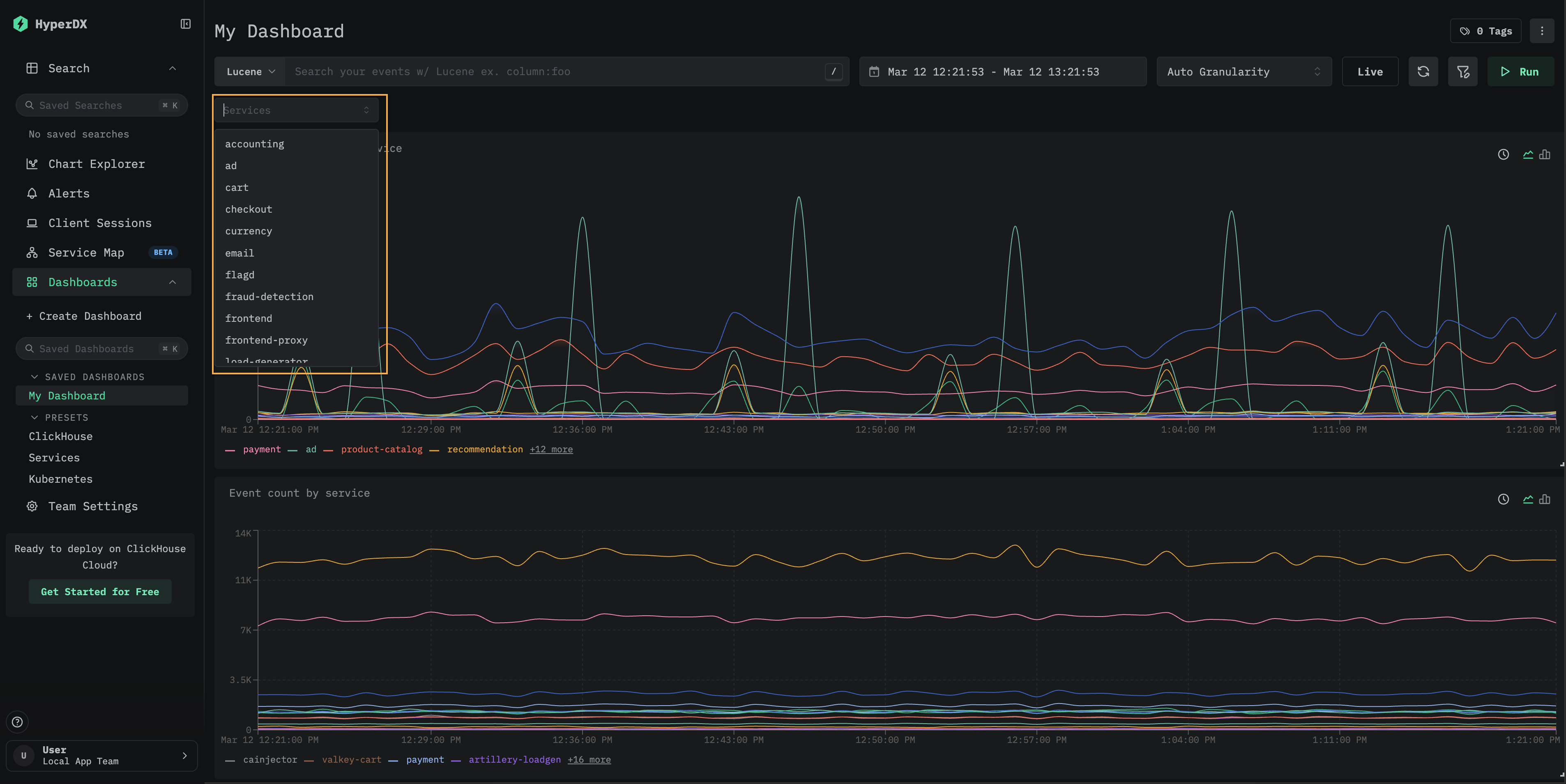 显示可用服务名称的服务下拉筛选器