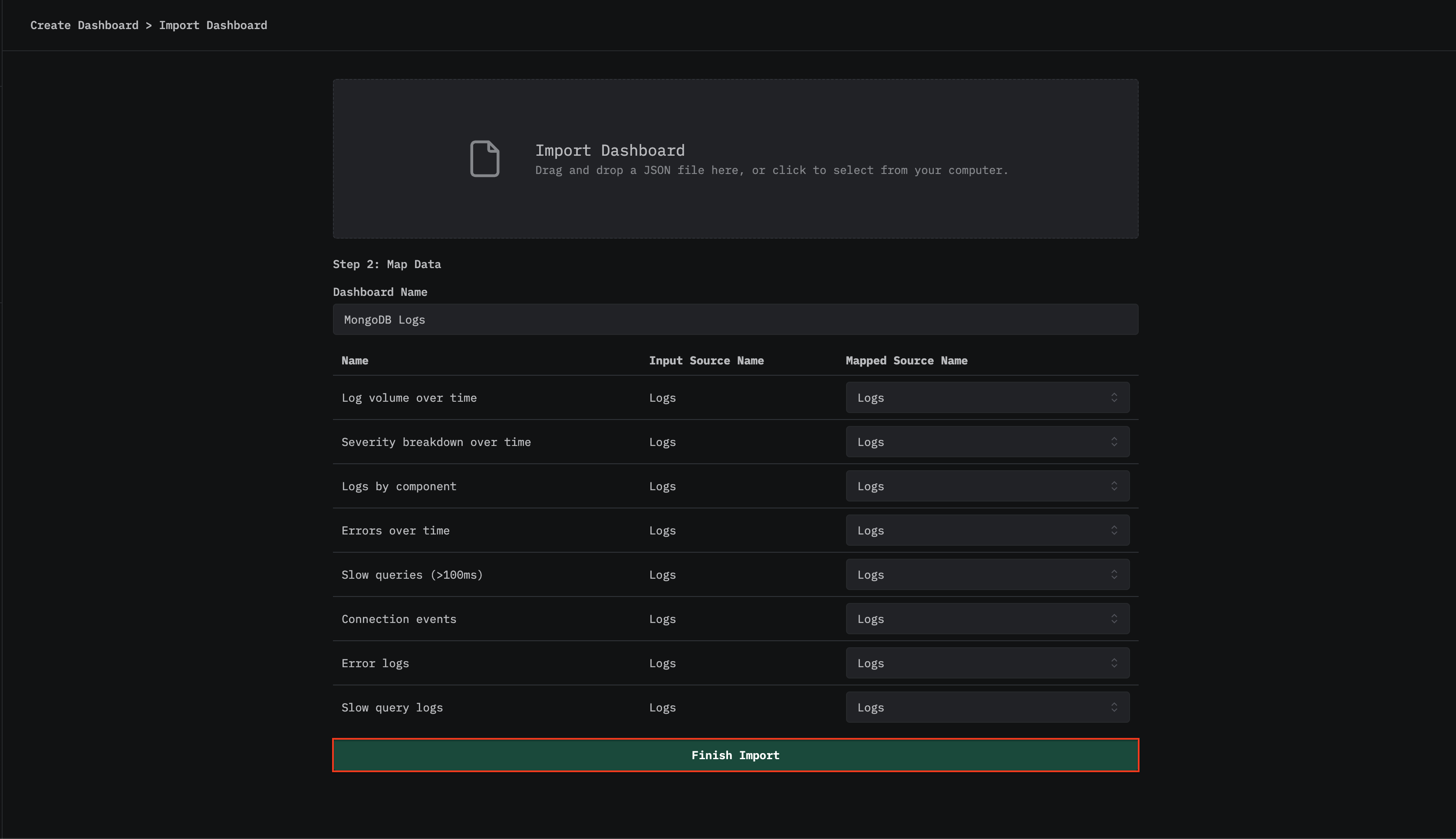完成导入 MongoDB 日志仪表板