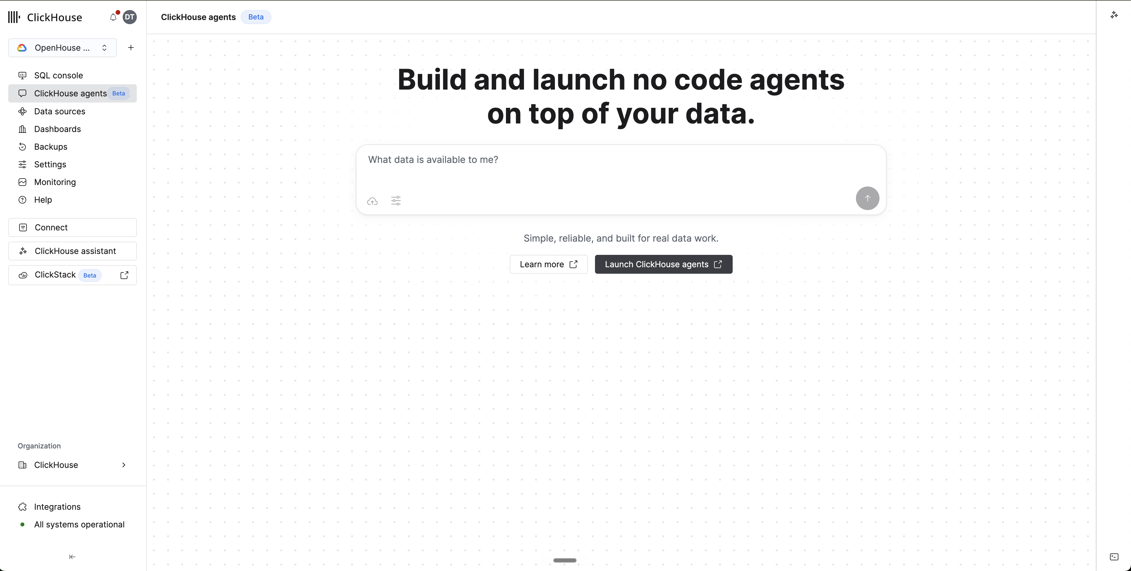 Cloud service 导航中已选中 ClickHouse agents(Beta),显示带有 Launch ClickHouse agents 按钮的启动页