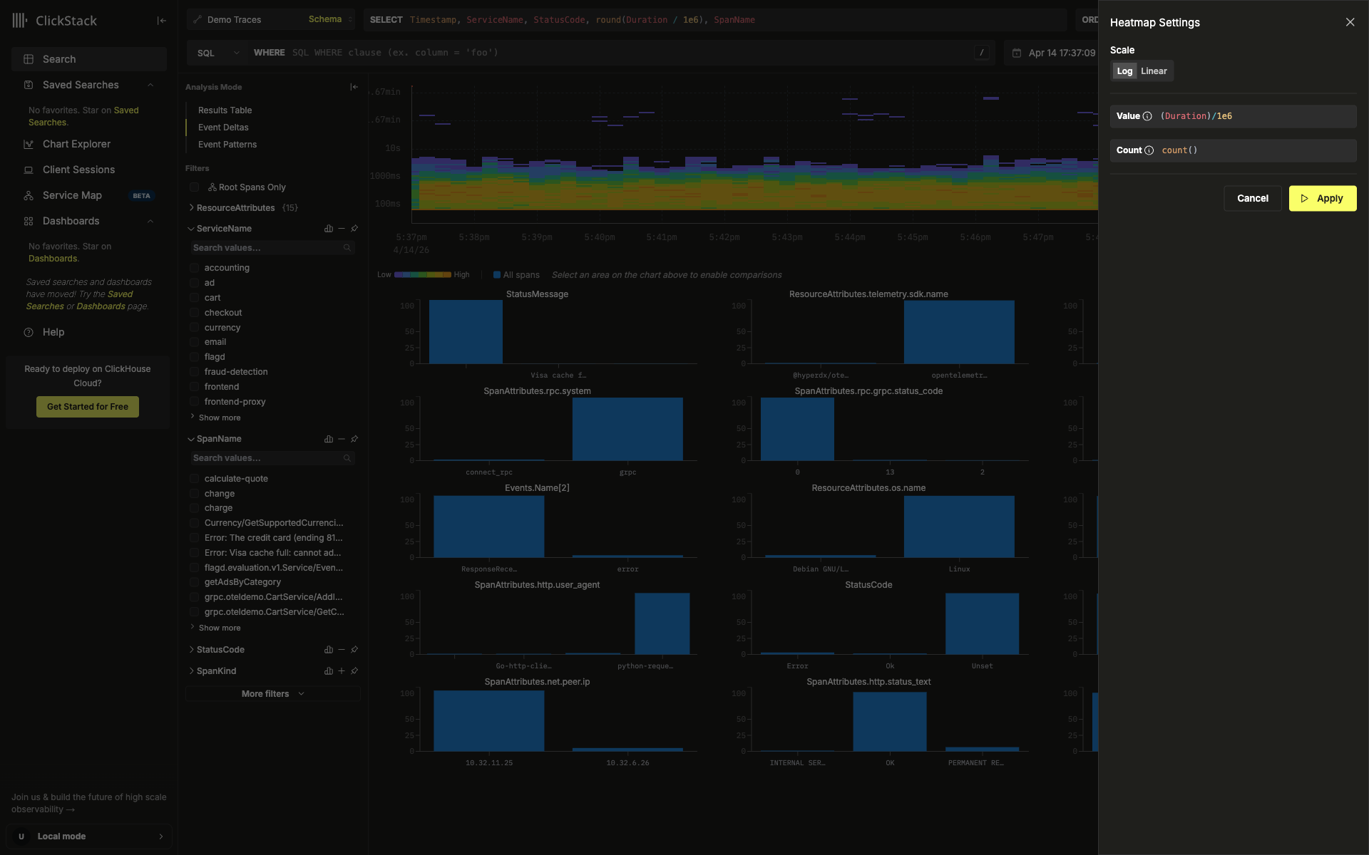 Heatmap Settings 抽屉，包含 Scale、Value 和 Count 字段