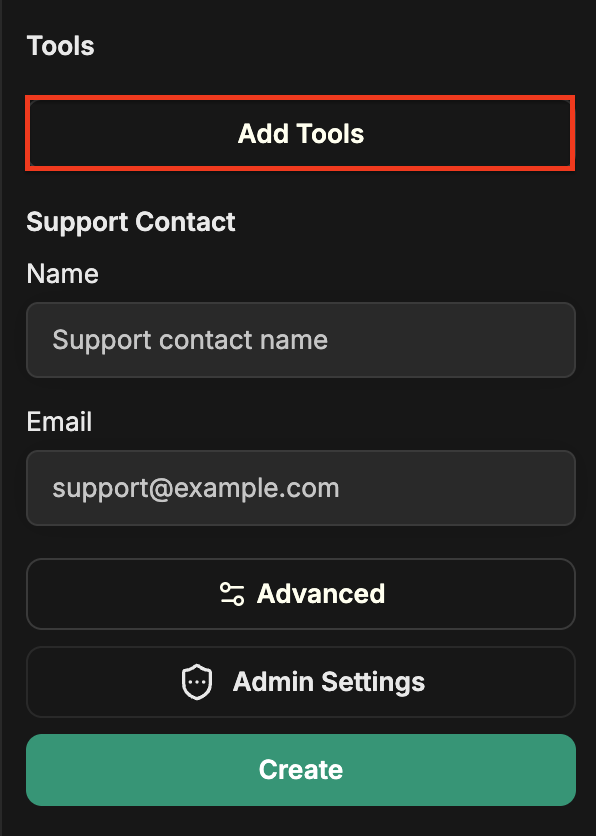 agent构建器面板底部,高亮显示 Add Tools 按钮