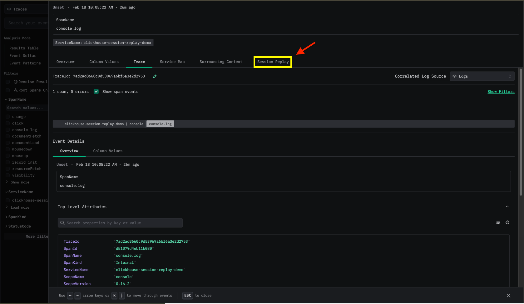 Session replay trace view