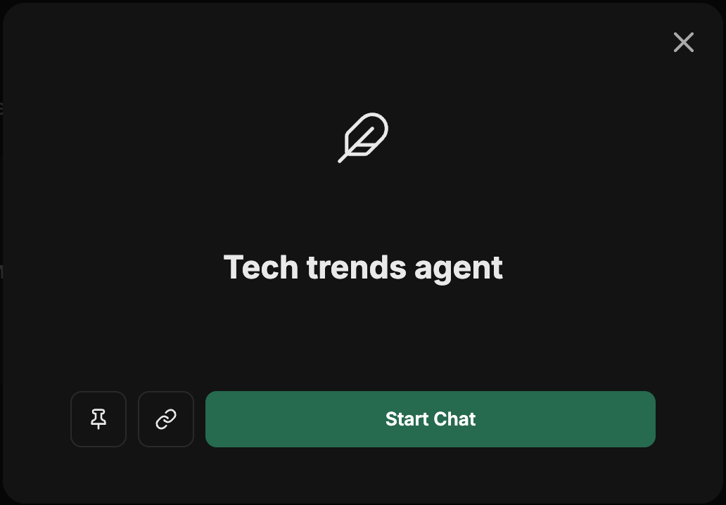 显示 agent 名称、图标以及“置顶”“复制链接”和“开始聊天”操作的 agent 详情弹窗