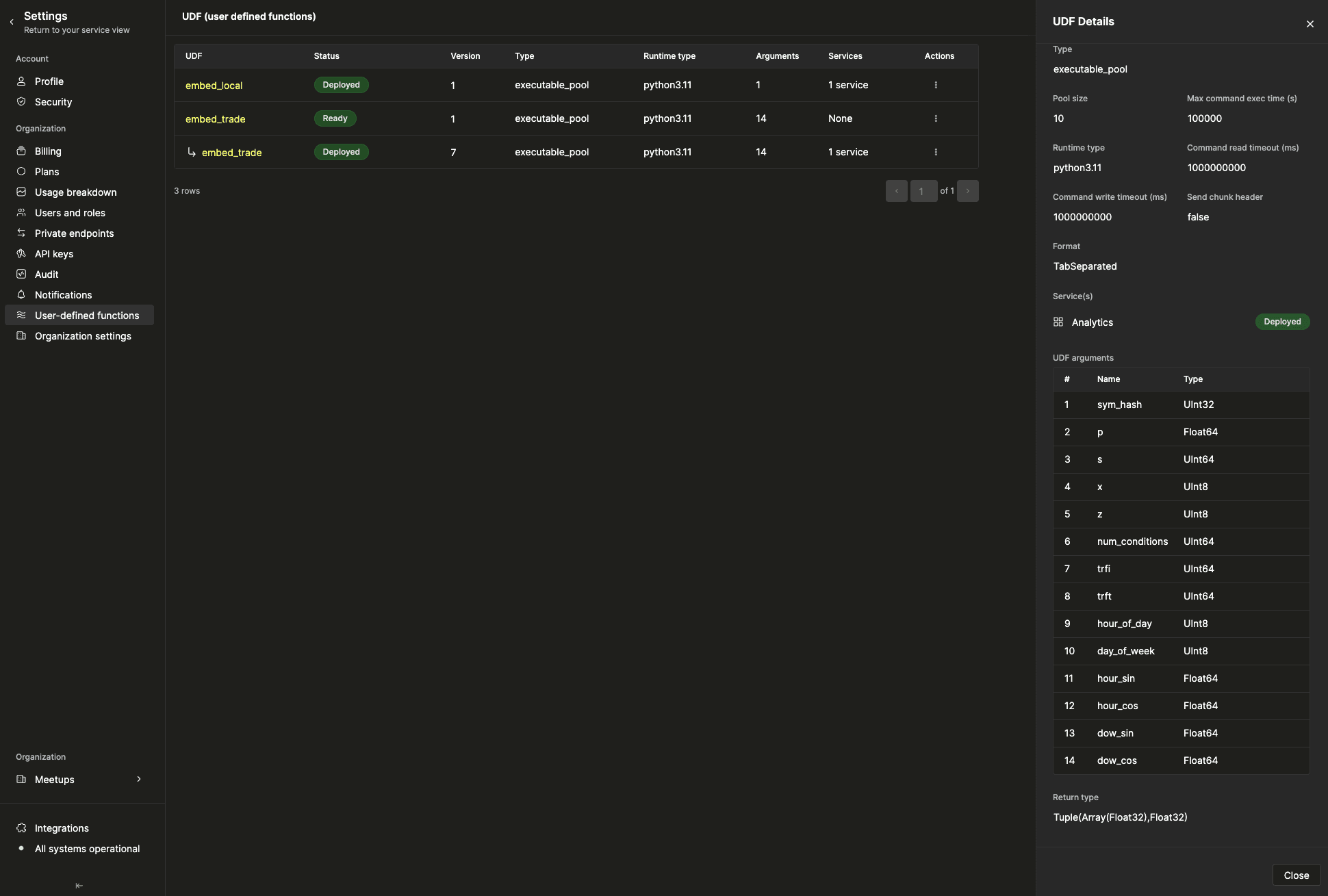 ClickHouse Cloud UDF deployment page with argument list and runtime settings